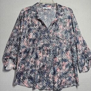 Emily Daniels Blouse Womens XL Multicolor Polka Dot Button 3/4 Sleeve Tunic Top